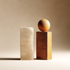 Poster - Minimalist Composition with Textured Blocks and Sphere in Warm Tones: A Study in Form and Light