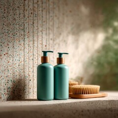 Poster - Turquoise bottles with bamboo accents and a wooden brush on a stone shelf, minimalist bathroom aesthetic.