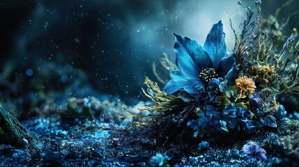 Poster - Moody blues floral arrangement in enchanted forest nature scene ethereal vibe dreamy perspective