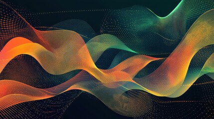 Abstract background with wavy lines and flowing particles in shades of orange, yellow, and green against a dark backdrop. Modern and dynamic design element for various creative projects.