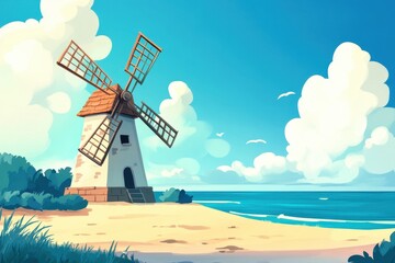 Wall Mural - Seaside windmill with bright sky and gentle waves creates a tranquil coastal atmosphere, beautiful seaside windmill, seamless ing Photo background, cartoon style