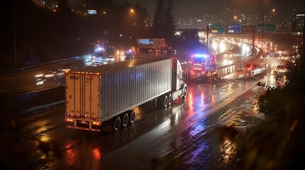 Poster - Semi, trailer truck crash on wet freeway during nighttime causing traffic disruption and emergency response