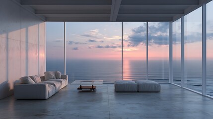 Aufkleber - Serene coastal view at sunset from a minimalist architectural space overlooking the ocean