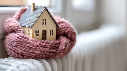 Poster - Small model house wrapped in a warm scarf resting on a radiator illustrates home insulation and energy efficiency during winter
