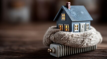 Aufkleber - Small model house wrapped in a warm scarf resting on a radiator illustrates home insulation and energy efficiency during winter