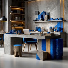 Poster - Modern Workspace with Concrete Desk and Blue Accents: A Minimalist Design for Creative Work