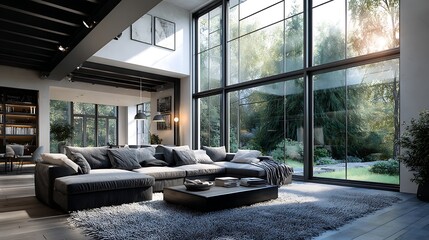 Fototapete - Spacious modern interior with high ceilings and large windows in a quiet setting