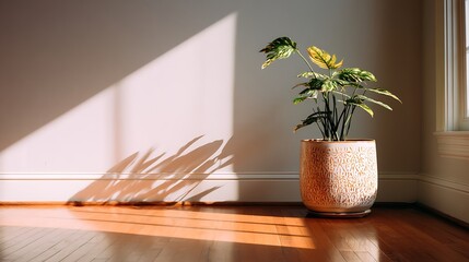 Aufkleber - Sunlight casts soft shadows across a minimalist room with a decorative indoor plant