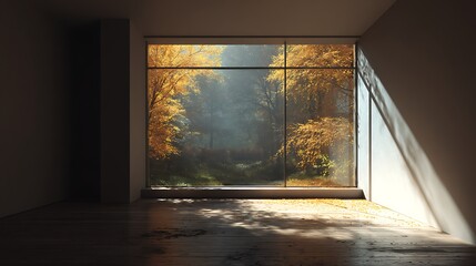 Aufkleber - Sunlight streaming through a large window highlights the autumn foliage outside a minimalist room