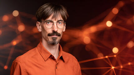 Casual IT specialist with abstract tech background, symbolizing innovation in modern works paces，Relaxed IT Expert in Casual Attire, Upper Body Close-Up with Natural Side Lighting and an Abstract Tech