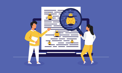 Programmer with magnifier looking for defect in programmed Software application Bugs and Error testing