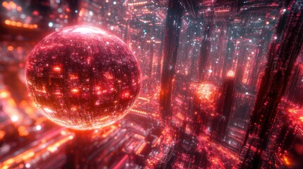 Wall Mural - a futuristic sphere floating in a complex glowing environment