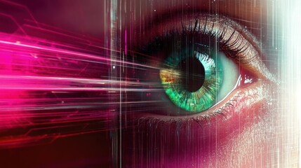 Wall Mural - an eye is shown surrounded by digital data streams and effects