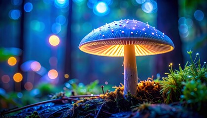 Wall Mural - Enchanting glowing mushroom in a magical forest with dreamy bokeh lights creates a whimsical and mystical atmosphere for fantasy illustrations and nature designs