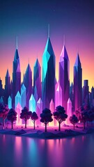 Wall Mural - Futuristic crystal city skyline at sunset with glowing reflections on water surface fantasy landscape