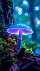 Wall Mural - Glowing mushroom in a vibrant forest creates a magical fairytale scene with bioluminescence and bokeh lights for fantasy concept