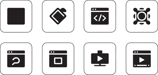 Set of modern icons depicting web development media and interface elements