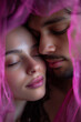 © Happy Photo Stock - Pink noise sound therapy meditation. Relaxation focus. Sleep aid sound masking. Background noise ambient sound. Close-up of two people with a pink veil embracing.