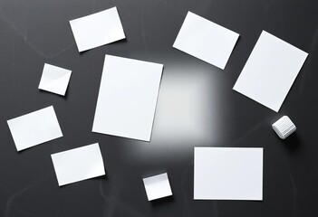 Wall Mural - Clean white memo papers arranged on a dark textured surface, providing ample copy space, surface, announcement