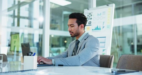 Fototapete - Businessman, laptop and typing at office for finance, report or budget planning with charts, thinking or review. Person, pc and decision with graphs, stats and audit for revenue at accounting agency
