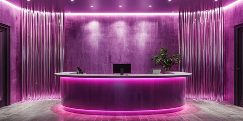 Poster - Modern reception desk, curved metal, pink lighting, contemporary style, welcoming atmosphere