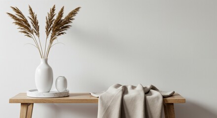 Wall Mural - aesthetic still life arrangement featuring dried pampas grass in a white vase on a wooden table with