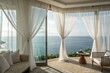 © Роман Заворотный - Cozy Room With Serene Panoramic Ocean View and Sheer Curtains Generative AI