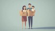 © Johannes - mortgage, family and real estate concept - happy mother, father and little daughter with stuff in boxes moving to new home illustration , no logos, no brands