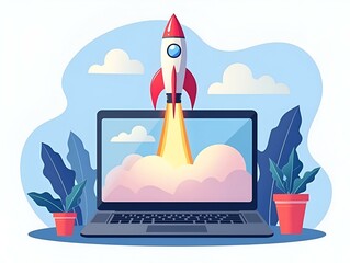 Wall Mural - a modern illustration of startup concept with launching space rocket from laptop screen