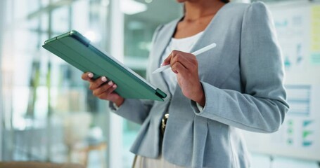 Poster - Tablet, hands and business woman with pen for electronic signature, application and financial agreement. Technology, stylus and worker writing report for data analysis, stats or investment in office