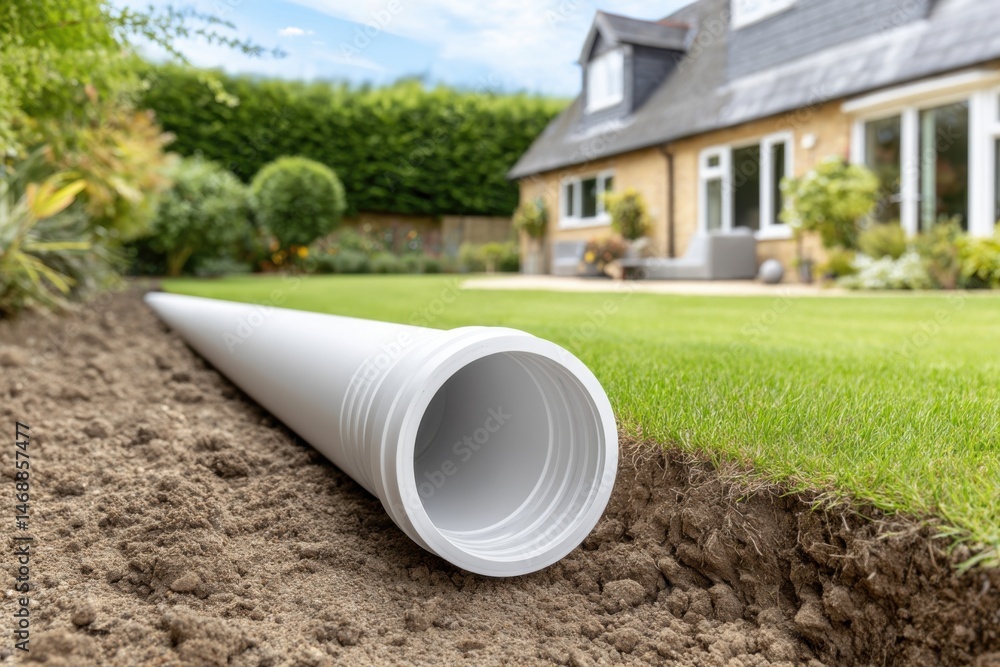 White plastic pipe laying in a shallow trench, beside a lush green lawn ...