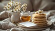© Bussakon - Cozy anniversary breakfast with pancakes flowers and a blank card