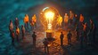 © Johannes - A group of miniature people gathered around a glowing lightbulb, symbolizing brainstorming, innovation, and collective thinking.