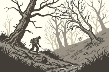  145 detailed dark fantasy zombie apocalypse scene, desolate overgrown forest, decaying mutant humanoid creatures, twisted weathered dead trees, moody atmospheric lighting, dramatic cinematic compositi