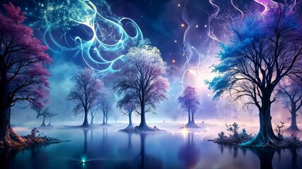 Wall Mural - mystical forest by a lake with glowing trees and swirling nebula clouds