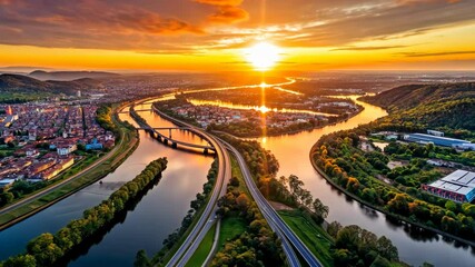 Wall Mural - sunset over a winding river and highway interchange