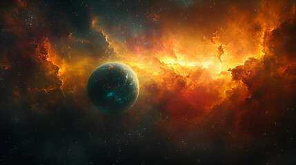 Wall Mural - Fiery cosmic nebula encompassing a distant world.