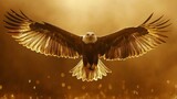 Majestic eagle in flight, bathed in golden light.