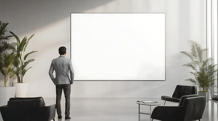 a man stands in front of a large white wall, looking at it