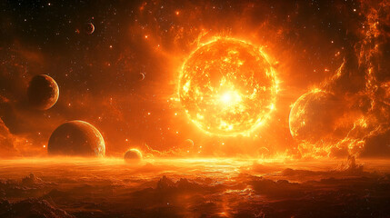 Wall Mural - Fiery celestial body surrounded by planets and space.