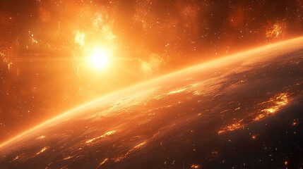 Wall Mural - Fiery celestial sunrise over a planet.