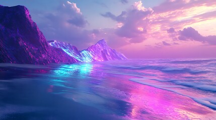 Wall Mural - Neon Sunset Coastal Mountainscape.