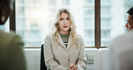Poster - Woman, meeting and support group with team at office for rehabilitation, empathy or discussion. Female person, employee or community with understanding for talk, sympathy or safe space at workplace