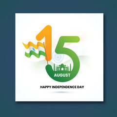 Wall Mural - 15th August Text with Silhouette Taj Mahal and Wavy Indian Flag on Glossy White Background for Happy Independence Day.