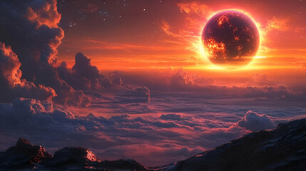 Wall Mural - Fiery celestial body above a dramatic sky.