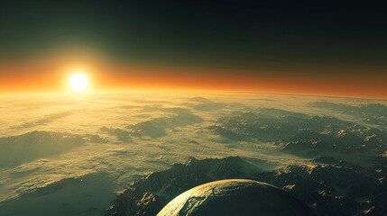 Wall Mural - A view of a distant planet's sunrise over mountainous terrain.