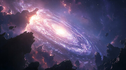 Wall Mural - Spiral galaxy amidst cosmic nebulae and space rocks.