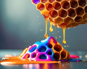Poster - A colorful honeycomb with a drizzle of honey on top