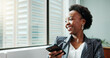 © peopleimages.com - Thinking, business and black woman with smile, smartphone and connection with decision, investor and email. African person, happy employee and financial advisor with cellphone, digital app and choice