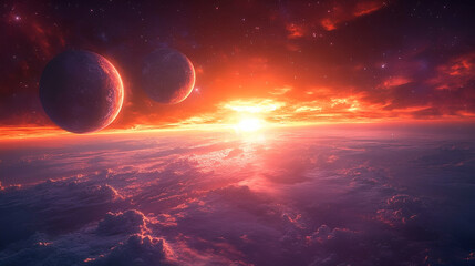 Wall Mural - A vibrant, otherworldly sunrise over alien planets.